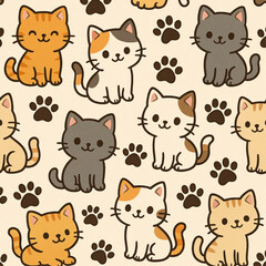 Minimalist Cartoon Cats and Paw Prints Seamless Pattern in Brown Tones
