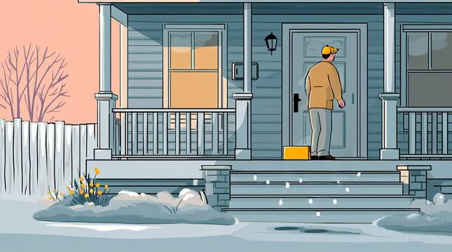 Animation of delivery driver leaving package on porch of house