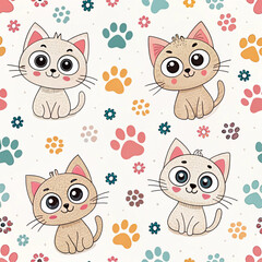 Sweet Kawaii Kittens with Flowers and Colorful Paw Prints Seamless Pattern