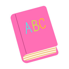 A pink book with the letters ABC on it. The book is colorful and has a playful design