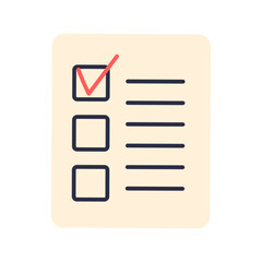 A white background with a red check mark on a sheet of paper. The paper has three boxes and a line