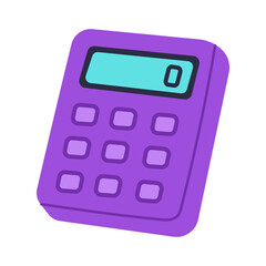 A purple calculator with a blue screen. The calculator is on a white background