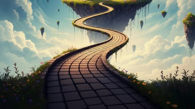 Ancient stone ruins on a mystical floating island with waterfall and gold field, fantasy landscape footage.