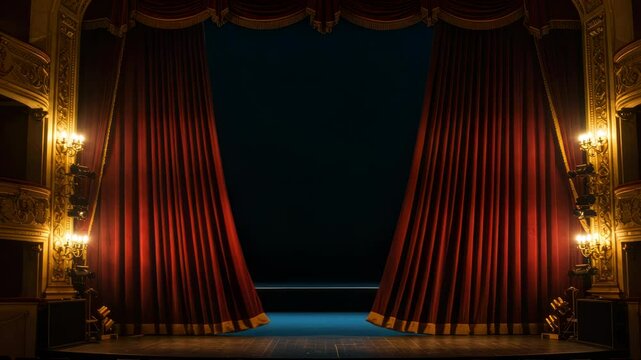 Elegant theatre stage with opening and closing red velvet curtains, ornate columns and warm golden