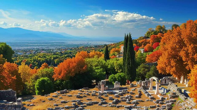 Exploring the ancient ruins of Mycenae in Greece with stunning autumn foliage, Aerial view around the ruins of Myc&Atilde;&uml;nes in Greece on a sunny day in autumn