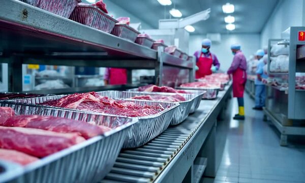 Inside a meat processing facility, workers in protective gear handle fresh meat. Trays line the conveyors
