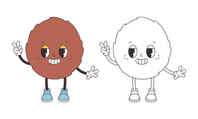 Cute groovy coconut coloring page. Trendy funky retro cartoon fruit character. Groovy summer coloring book. Vector illustration in flat style