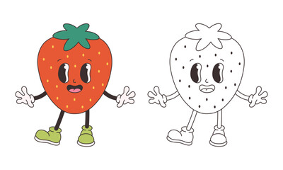 Cute groovy strawberry coloring page. Trendy funky retro cartoon fruit character. Groovy summer coloring book. Vector illustration in flat style