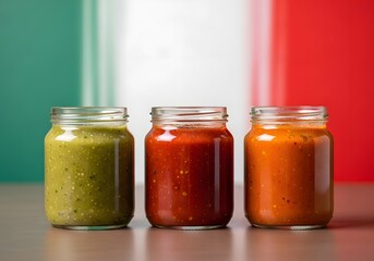 Three Mexican Salsas with Green White Red Background