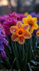 A close-up of vibrant spring wildflowers in a meadow--bright yellow daffodils, purple crocuses