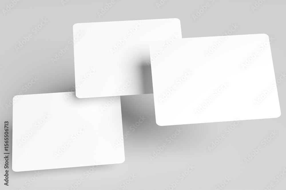Fototapete 3D rendering mockup, business card, playing card, floating style. three white blank cards with rounded corners, placed overlapping on a light gray surface. isolated on a soft background