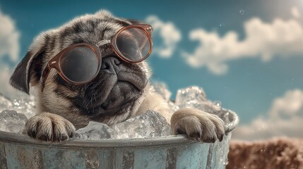 Pug puppy wearing sunglasses relaxes in a bucket full of ice, keeping cool on a summer day with a cloudy blue sky.