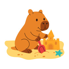 A cartoon of a capybara playing in the sand. The bear is holding a shovel and is building a sand castle