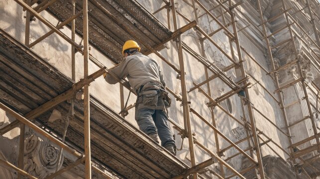 A construction worker assembling scaffolding around a historical building for restoration work, Restoration scaffolding scene, Historical preservation style - Powered by Adobe
