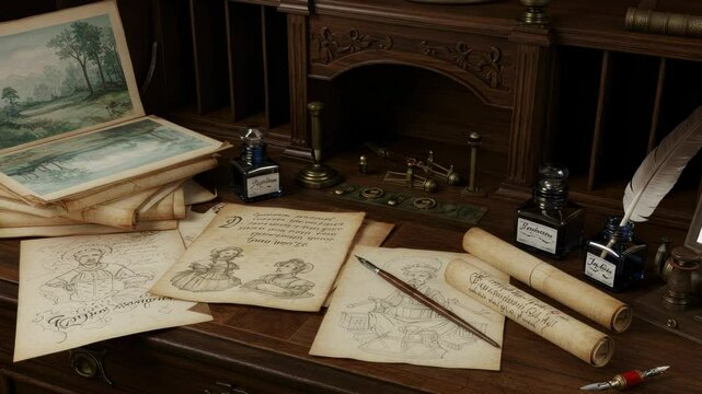 Evocative Still Life: Quill Pen, Scrollwork, Inkwells, and Antique Desk Composition in Vintage