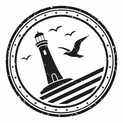 Lighthouse Seagulls Stamp circular nautical