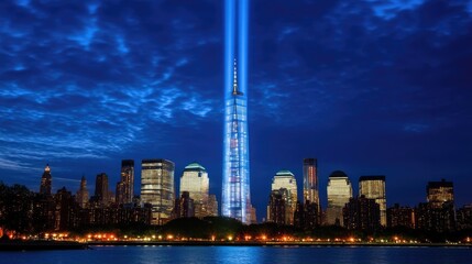 Fototapeta premium Illuminated memorial skyscraper in city skyline at twilight.