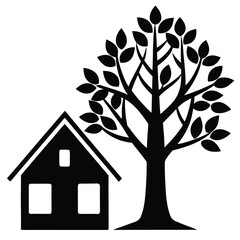 Simple Silhouette of a House Next to a Leafy Tree