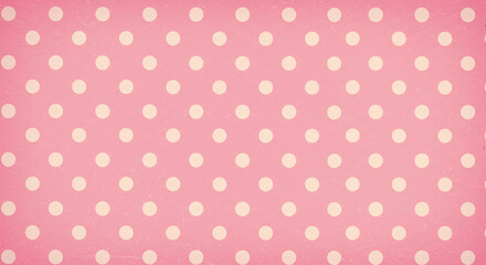 Vintage pink background with symmetrical white polka dots, retro 60s style, playful and feminine.