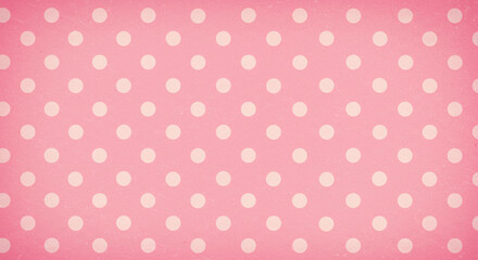 Vintage pink background with symmetrical white polka dots, retro 60s style, playful and feminine.