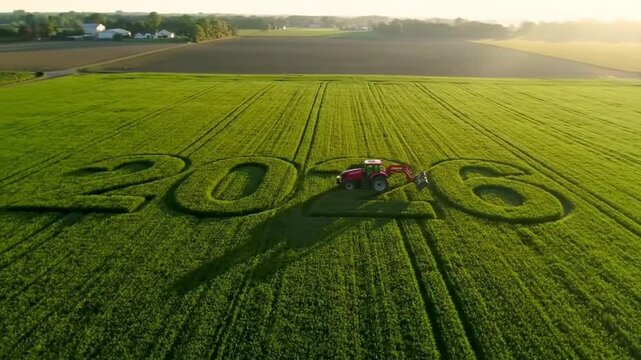 A breathtaking aerial drone shot flies over a farm field with 2026 carved into the crop at sunrise. Perfect for an epic and hopeful happy new year 2026 concept
