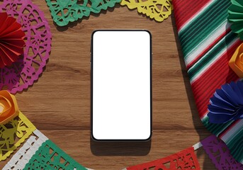 Smartphone with Blank Screen on Mexican Fiesta Background