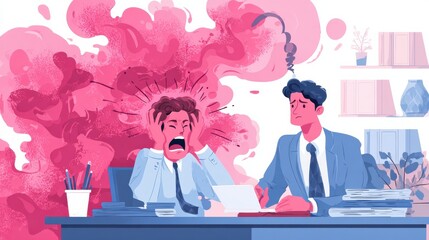 Exhausted, frustrated worker, burnout. Boss shout at employee, deadline. How to relieve stress, acute stress disorder, work related stress concept. Pinkish coral bluevector isolated illustration, no 