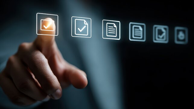 Finger pressing Approve button on a digital interface with document icons below.
