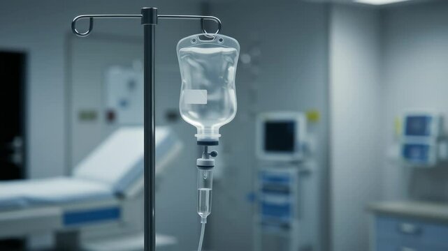 Hospital emergency room showcasing an intravenous drip providing fluids in a clinical setting