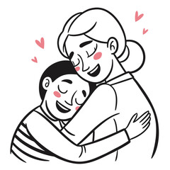 Mother and son embrace with pink hearts love