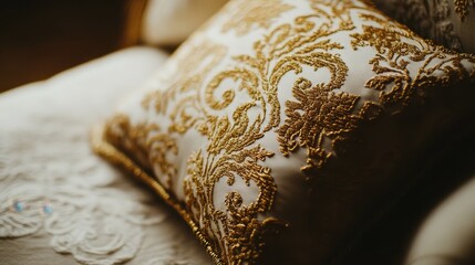 Close-up of a decorative embroidered pillow.