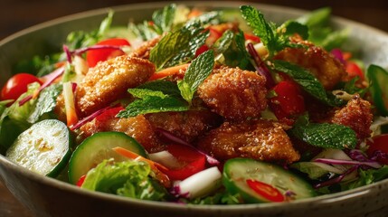 A vibrant bowl of crispy chicken salad with fresh vegetables and herbs.