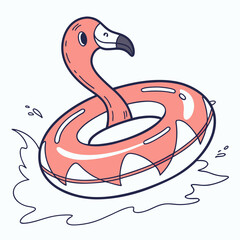 Pink flamingo swimming ring with water splashes summer