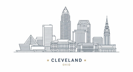 Obraz premium Line Art Illustration of Cleveland, Ohio Skyline with Modern and Historical Buildings