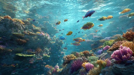 Obraz premium Fantasy underwater seascape with colorful fish Ai generated image
