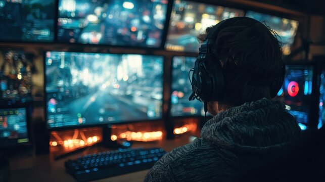 Gamer Playing Video Games at Night. A dedicated gamer wearing headphones is engrossed in a video game on a high-tech setup with multiple screens, surrounded by ambient lighting. - Powered by Adobe
