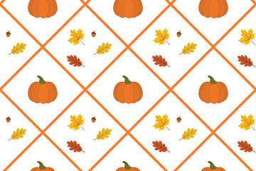 Seamless vector pattern featuring pumpkins, autumn leaves, and diagonal plaid background. Cozy fall design perfect for seasonal fabrics, wrapping paper, digital scrapbooking, and decor.