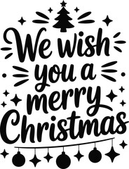 Obraz premium Elegant Black and White Christmas Greeting Design Featuring Festive Typography a Christmas Tree Stars and Hanging Ornaments for Holiday Cards and Decorations vector illustration