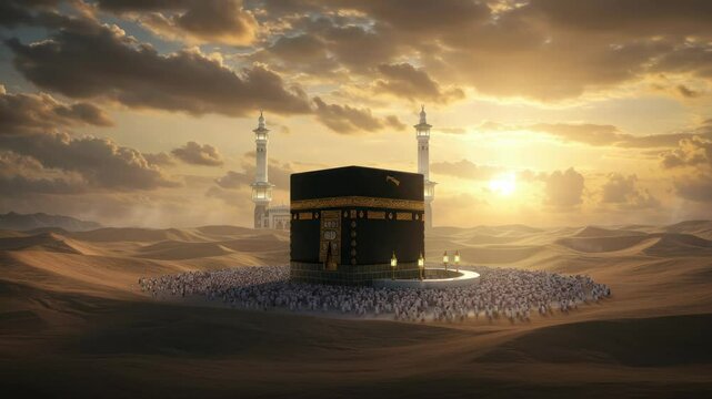Magnificent Kabah in Mecca, Saudi Arabia with pilgrims during Hajj season at dawn