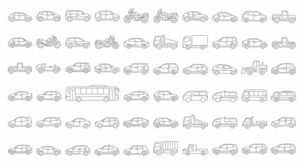 Obraz premium Collection of Gray Outline Vehicle Icons: Cars, Trucks, Buses, and Motorcycles