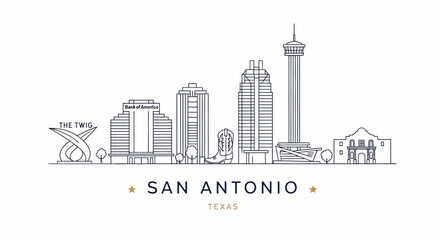 San Antonio Texas Skyline Illustration: Line Art Featuring Tower of the Americas, Alamo, and Bank of America Building