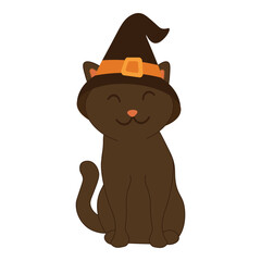 Vector illustration of a cute black cat wearing a witch hat. Fun and spooky Halloween character perfect for greeting cards, decorations, party invitations, and seasonal festive designs.