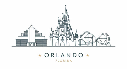 Orlando Florida Skyline Illustration with Castle, Building, and Rollercoaster