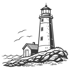 Tall lighthouse structure beside ocean waves and rocky shore