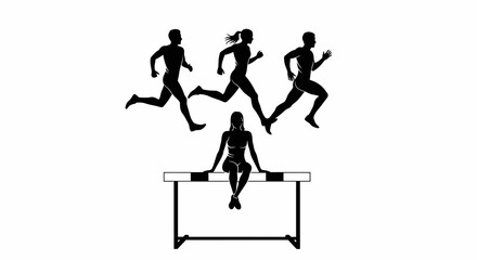 Silhouette of Athletes and Hurdler on White Background