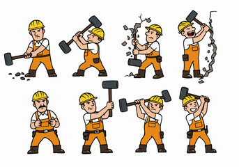 Cartoon Construction Worker Set Swinging Sledgehammer in Various Poses Including Breaking Wall