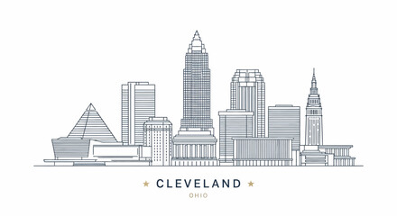 Naklejka premium Cleveland Ohio Skyline Vector Illustration with Line Art Style on White Background