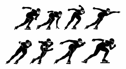 Black Silhouette Speed Skaters in Action, Isolated on White Background