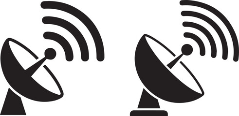 Black satellite dish icons transmitting signals on a white background