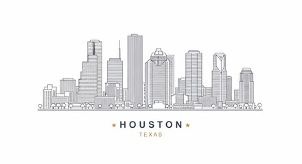 Houston, Texas Skyline: Linear Art Illustration of Cityscape Featuring Skyscrapers and Trees